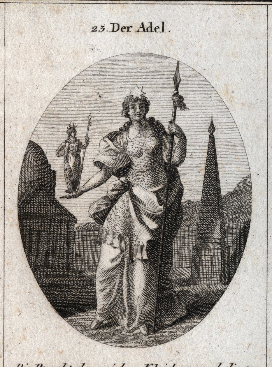 Alegoria szlachty. Gwiazda oznacza uniesienie uczuć. Posąg Minerwy i włócznia wskazują na to, że może ona zdobyć zasługi w nauce i broni. Grawer w „” Iconologie oder Ideen aus dem Gebiete der Leidenschaften und Allegorien bild autorstwa Austrian School