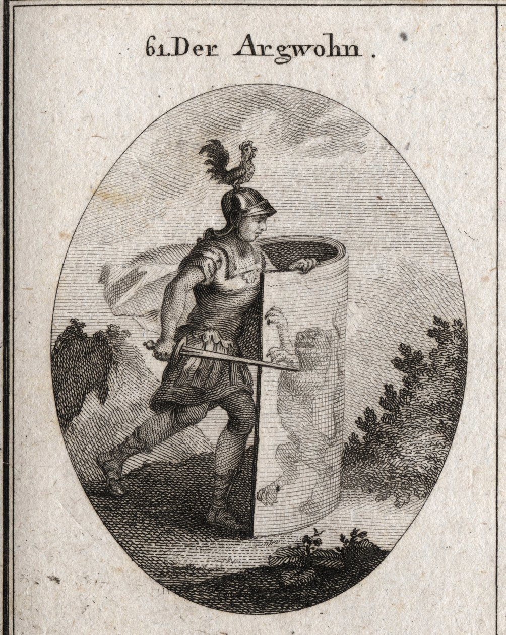 Alegoria podejrzenia wycina za tarczą, na której stoi lew, symbol podejrzenia według Arystotelesa, oraz kogut na hełmie reprezentujący czujność. Grawer w „” Iconologie oder Ideen aus dem Gebiete der Leidenschaften und Alleg autorstwa Austrian School