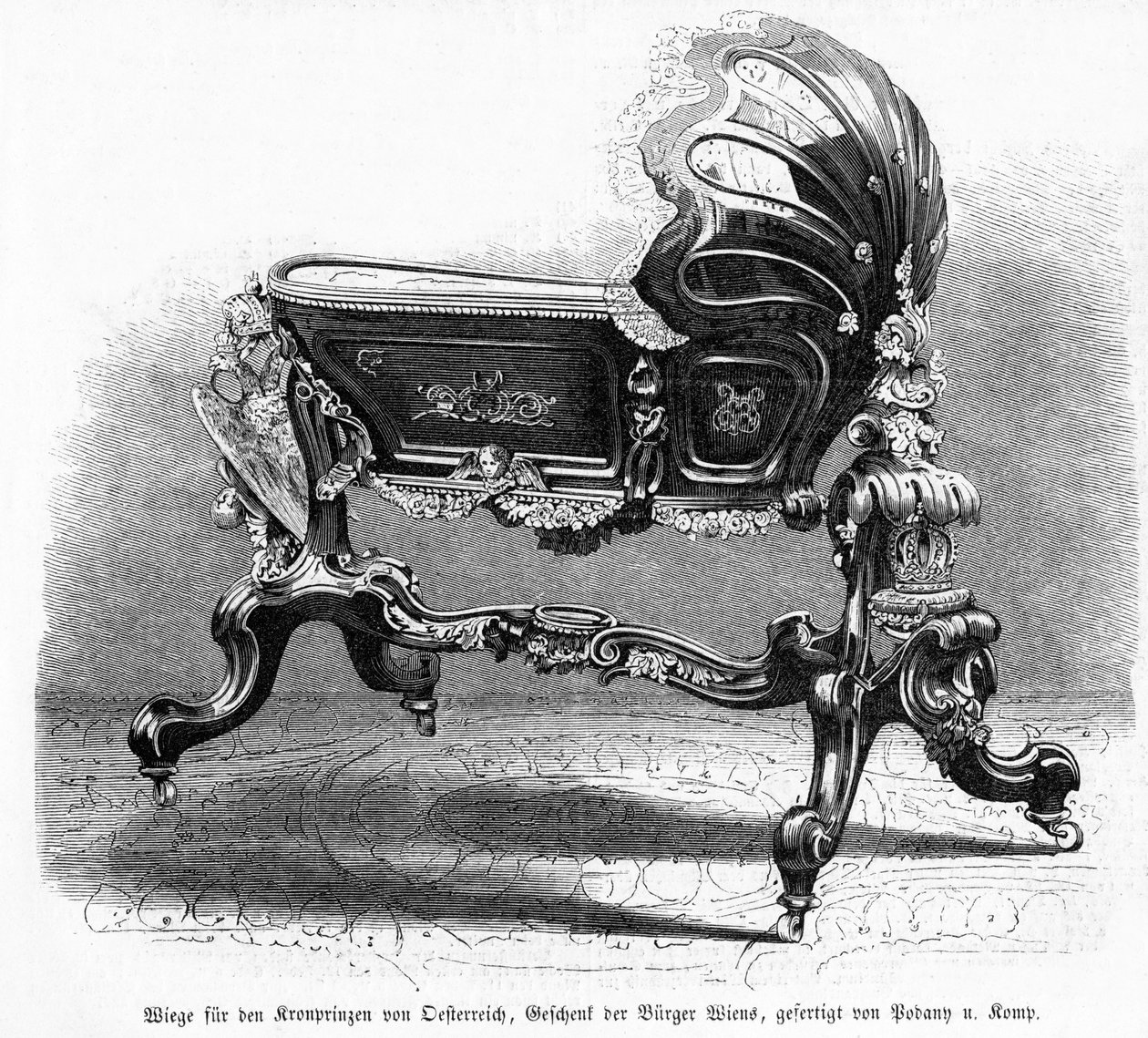 Łóżeczko dziecięce austriackiego następcy tronu, ilustracja z Leipziger Illustrirte Zeitung, 1859 (drewno) autorstwa Austrian School