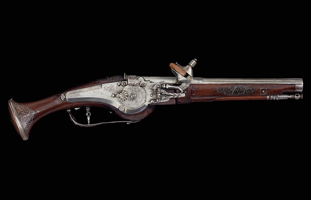 Pistolet karyncki (Ferlach) z blokadą kołową i wewnętrznym automatycznym systemem bezpieczeństwa, ok.1650 (stal i orzech) autorstwa Austrian School