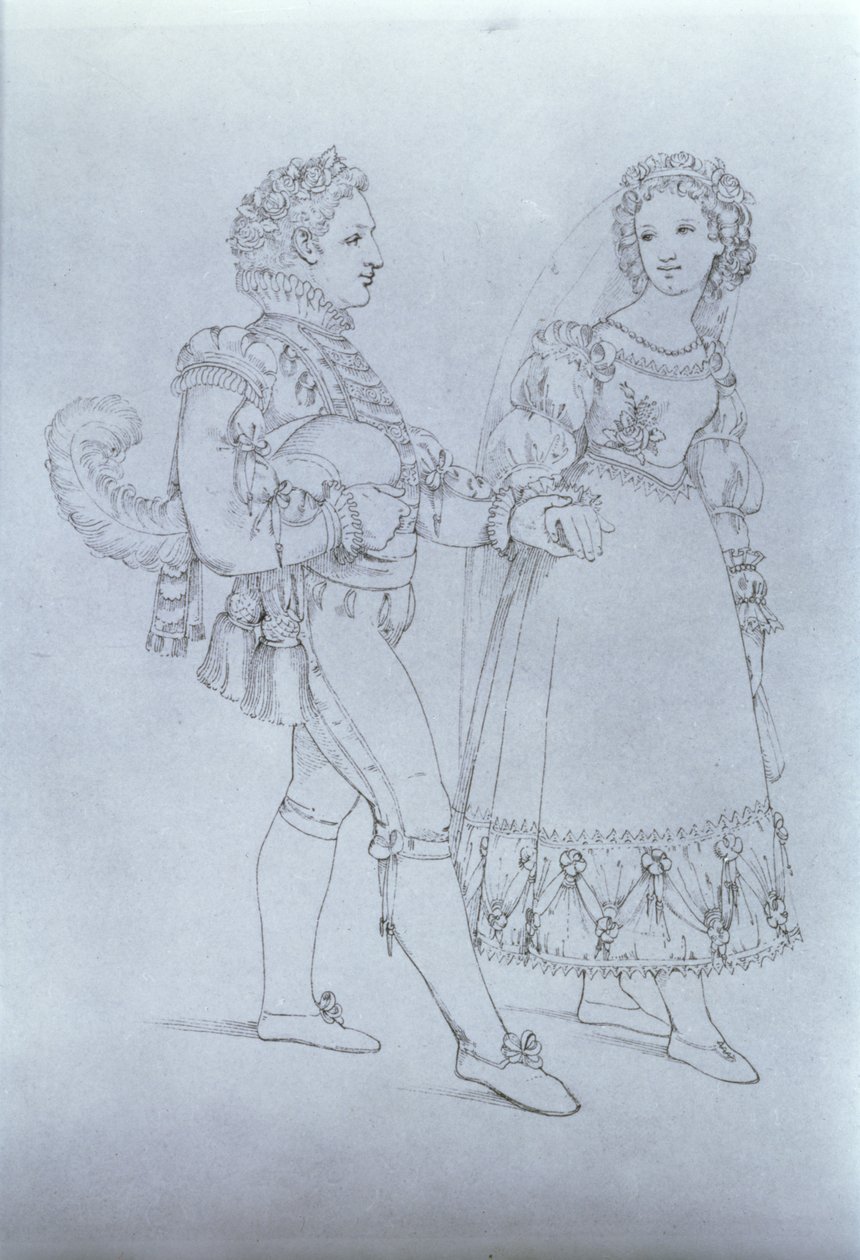 Projekty kostiumów dla Figara i Zuzanny z opery „Wesele Figara” Wolfganga Amadeusza Mozarta (1756-91) (rycina) autorstwa Austrian School