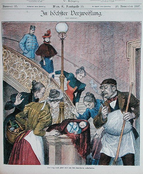 Okładka austriackiego czasopisma przedstawiająca dziecko porzucone na klatce schodowej bloku, 28 listopada 1897 (kolor lito) autorstwa Austrian School