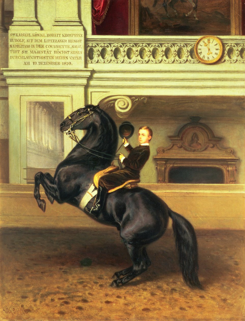 Książę koronny Rudolf Austrii (1858-89) na koniu w Zimowej Szkole Jazdy Hofburg, Wiedeń, 1870 autorstwa Austrian School