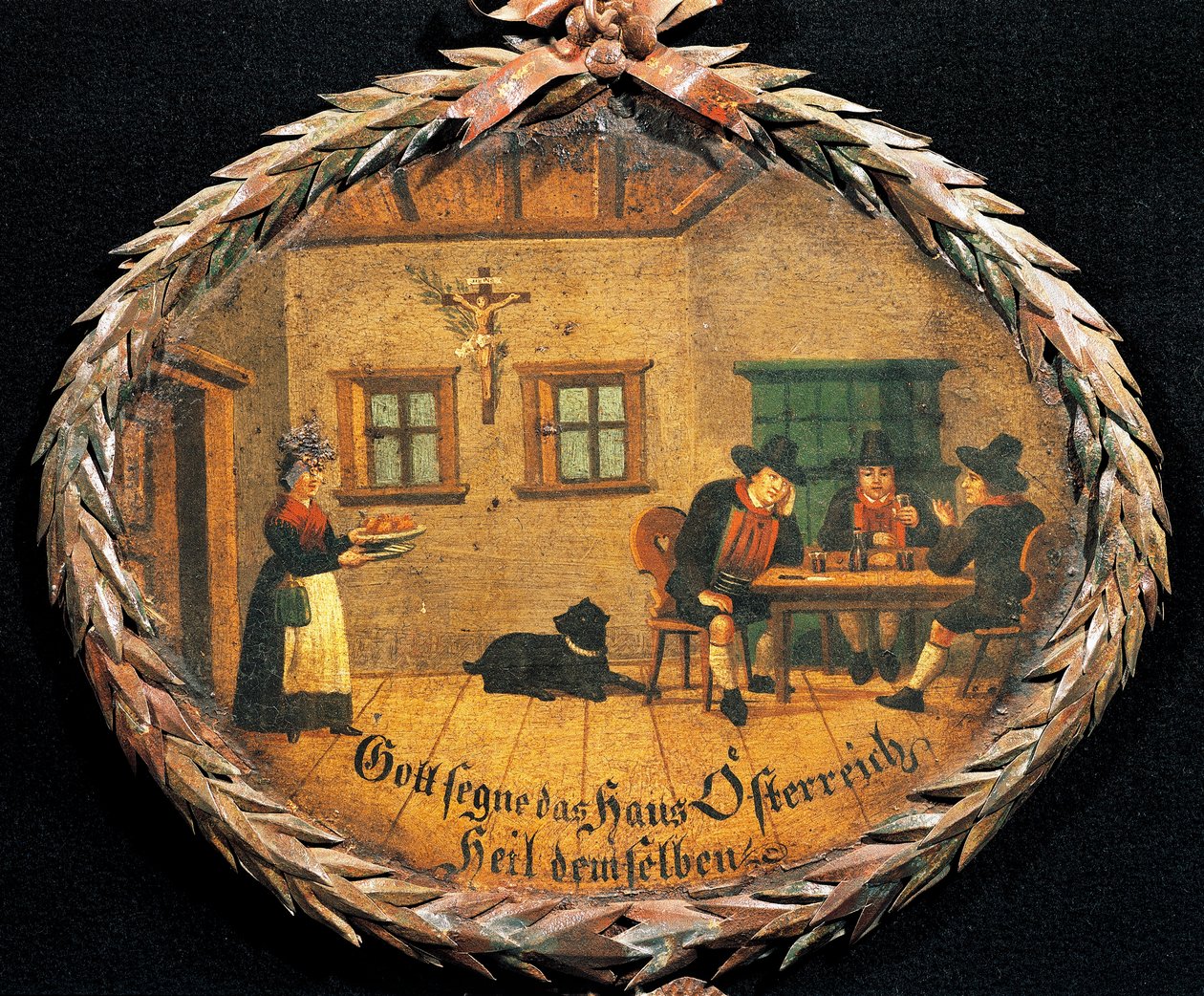 Klienci siedzący przy stole w karczmie i kelnerka, owalny znak na karczmę, Austria autorstwa Austrian School