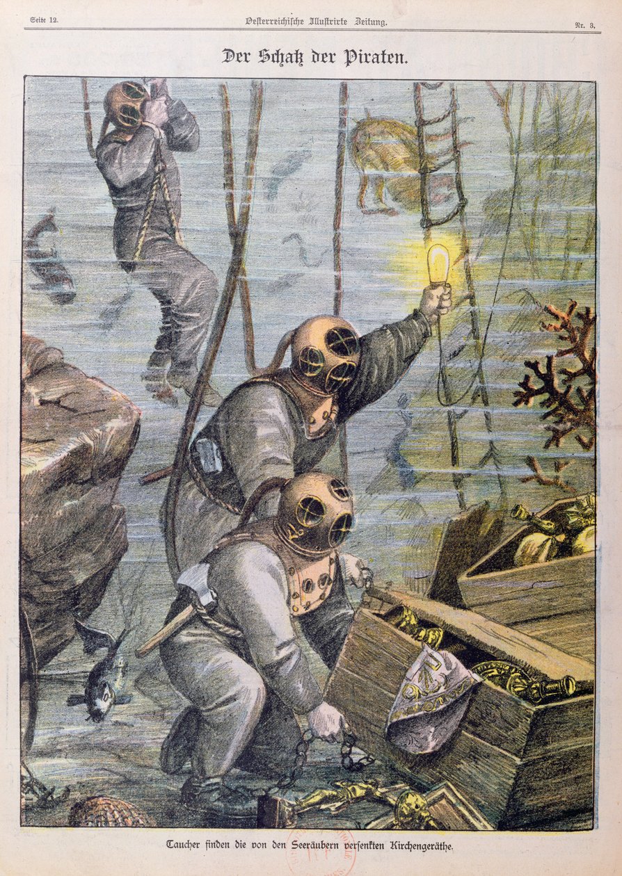 Nurkowie odnajdujący skarb zrabowany przez piratów z kościołów, 1897 autorstwa Austrian School