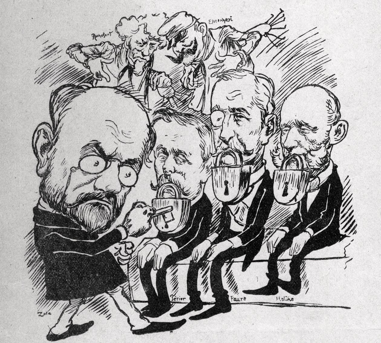 Emile Zola próbuje odblokować zamki zamykające usta prezydentów Jean Casimir-Perier (1847-1907) i Felixa Faure (1841-1899) oraz przewodniczącego Rady Julesa Meline (1838-1925), podczas gdy w tle Henri Rochefort (1831-1913) powiedział Com autorstwa Austrian School