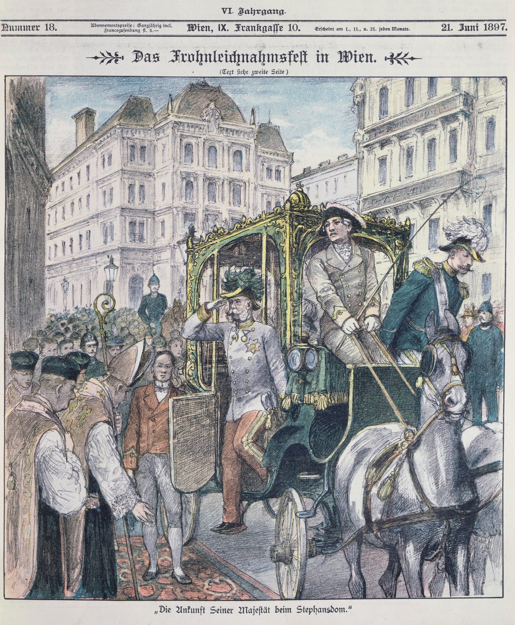 Cesarz Austrii Franciszek Józef przybywający do katedry św. Szczepana w Wiedniu z okazji święta Bożego Ciała (Fronleichnam), 1897; autorstwa Austrian School