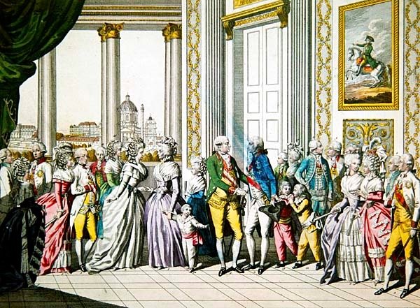 Cesarz Leopold II z rodziną przyjmuje w Wiedniu Ferdynanda I, króla Neapolu i Sycylii z rodziną autorstwa Austrian School