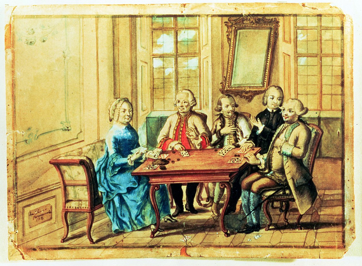 Cesarzowa Maria Teresa Austrii grająca w karty z feldmarszałkiem Karolym Batthyany (1698-1772), Nadaskim i feldmarszałkiem Leopoldem Josephem, hrabią von Daun (1705-66), 1751 autorstwa Austrian School