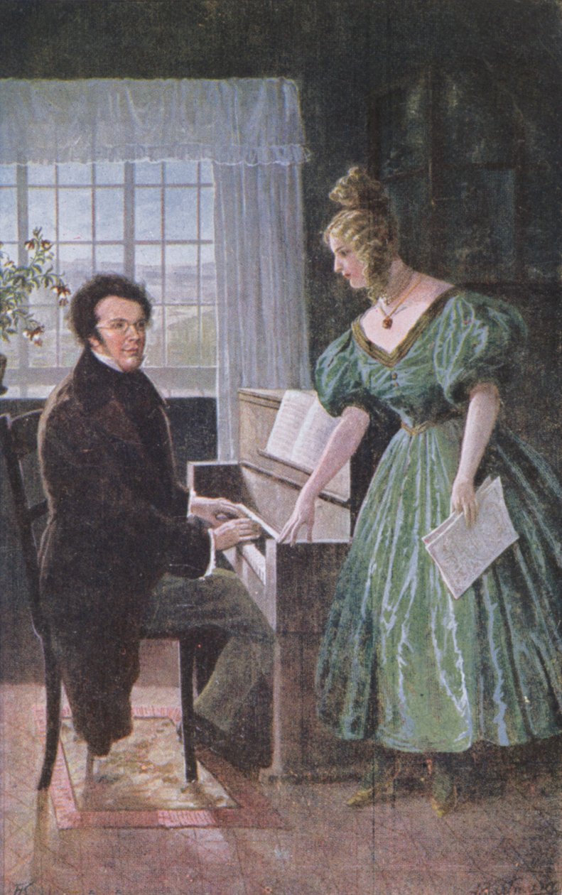 Franz Peter Schubert (1797-1828) grający na fortepianie, pocztówka ok. 1910 autorstwa Austrian School