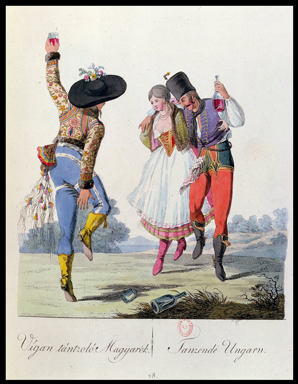Węgierscy tancerze w tradycyjnych strojach, ilustracja z książki Costumes de Pannonie autorstwa J.H. de Bikkesy, wydana w Wiedniu, 1810 (kolorowe grawerowanie) autorstwa Austrian School