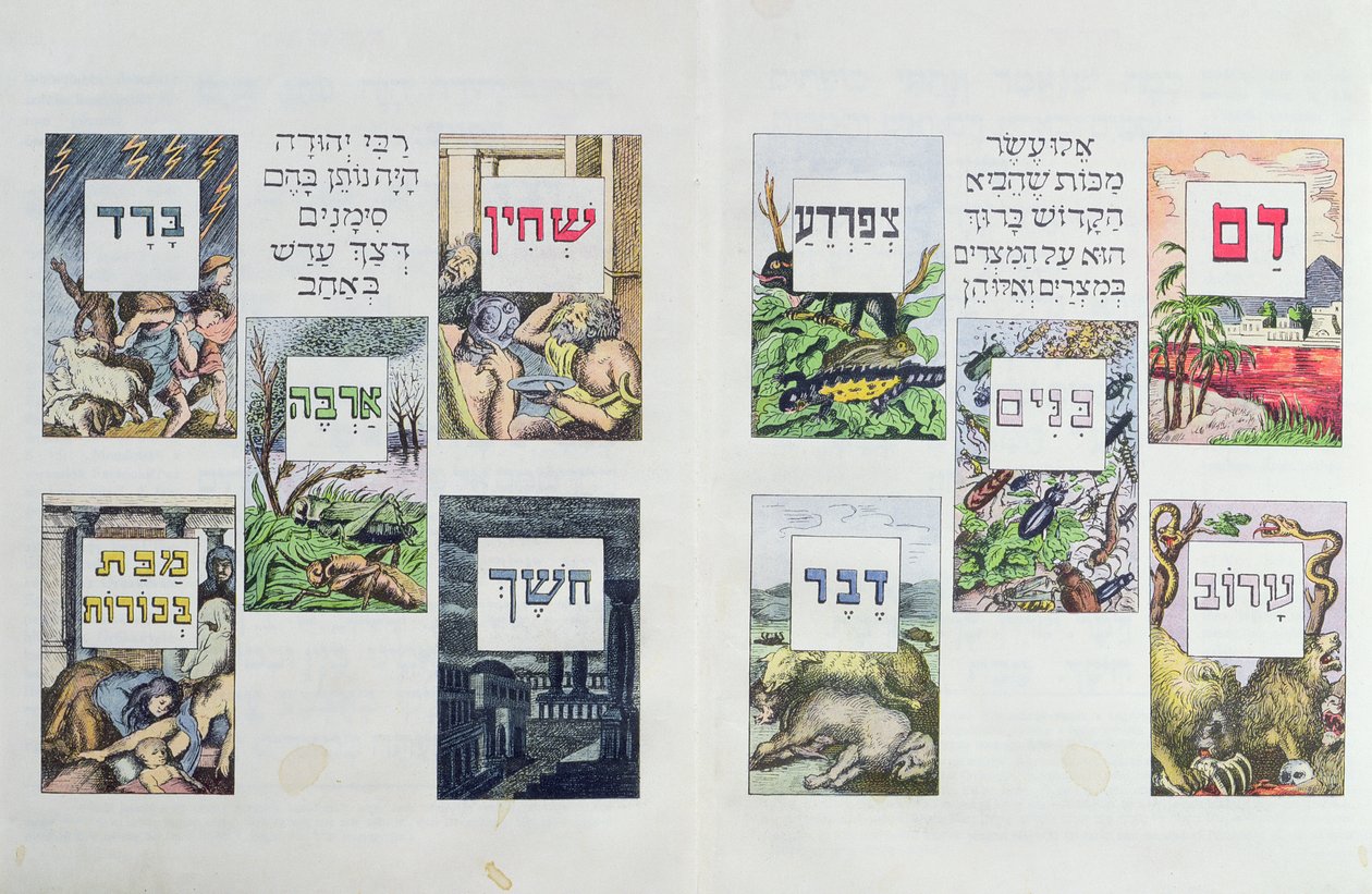 Ilustracje dziesięciu plag egipskich z Hagady, opublikowane w Wiedniu ok. 1900 r. autorstwa Austrian School
