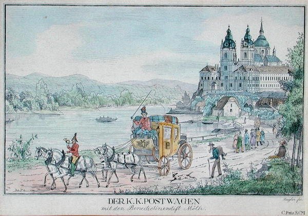 Powóz Cesarskiej Poczty Austriackiej przed Opactwem Melk nad Dunajem, początek XIX wieku (kolorowe grawerowanie) autorstwa Austrian School