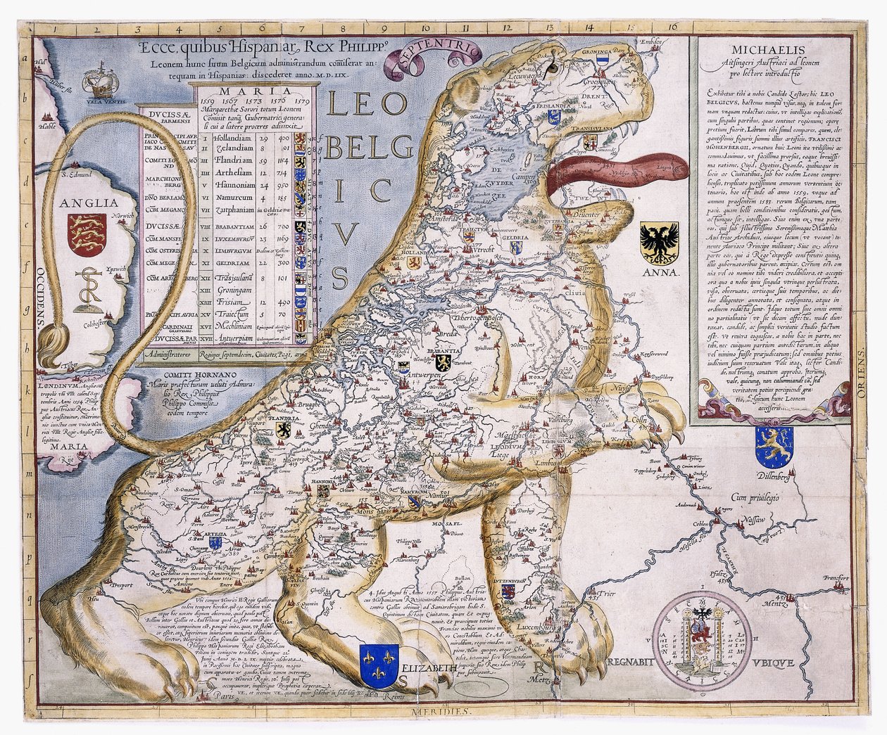 Leo Belgicus, przedstawiający Niderlandy w kształcie lwa, 1586 autorstwa Austrian School