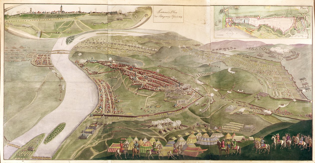 Mapa ilustrująca zdobycie Budy, 1686 (kolor grawerowany) autorstwa Austrian School