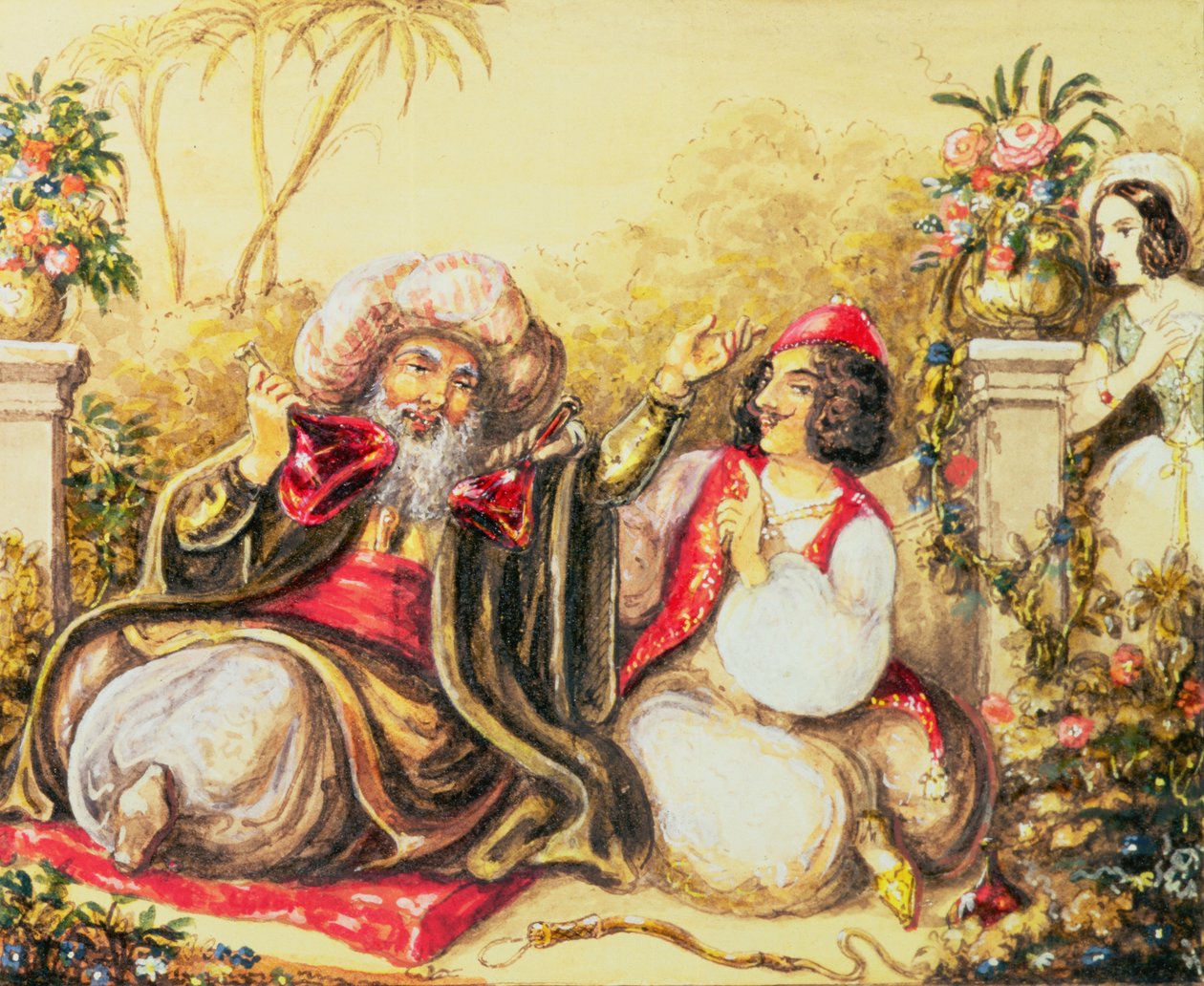 Pedrillo oblewający Osmina drinkiem, podczas gdy Blonda czeka w tle, scena z II aktu z „Uprowadzenia z seraju” Wolfganga Amadeusza Mozarta (1756-91) autorstwa Austrian School