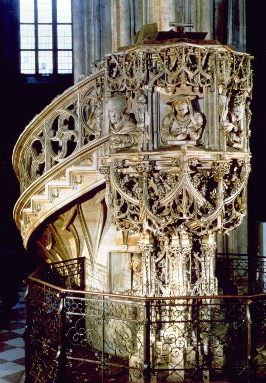 Pilgrims Ambona, ozdobiona popiersiami Czterech Ojców Kościoła, teologów reprezentujących cztery fizjonomiczne temperamenty, sam rzeźbiarz wygląda z okna poniżej, autorstwa Antona Pilgrama autorstwa Austrian School