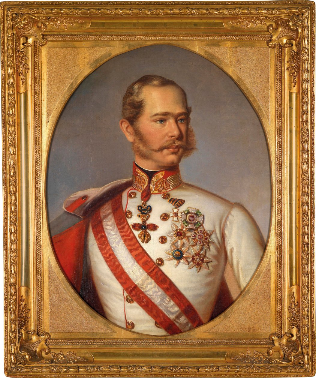 Portret Franciszka Józefa I Austriaka (1830-1916). Posiada odznaczenie Orderu Złotego Runa. Malarstwo anonimowe, olej na płótnie, ok. 1855 r. Sztuka austriacka autorstwa Austrian School