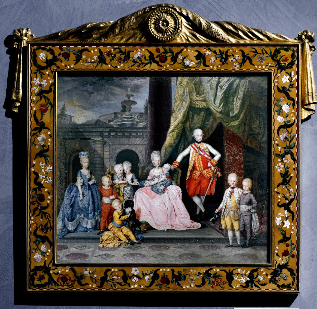Portret Pierre-Leopolda Habsburg-Lorraine (Pierre Leopold Habsburg Lorraine) (1747-1792) (wówczas Leopold II Świętego Cesarstwa lub Austrii) otacza wraz z rodziną (jego żoną Marie Louise i ośmiorgiem dzieci) Miniatura. 1776 Wiedeń Hofbour autorstwa Austrian School