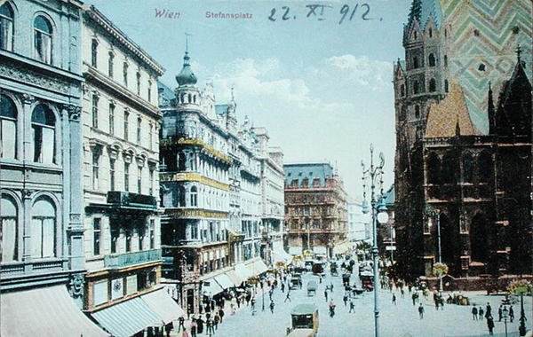 Pocztówka przedstawiająca plac św. Szczepana i katedrę św. Szczepana w Wiedniu autorstwa Austrian School