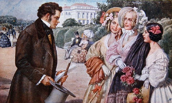 Scena z „Das Dreimaederlhaus” („Dom Trzech Dziewcząt”) przedstawiająca Schuberta z trzema siostrami Tscholl autorstwa Austrian School