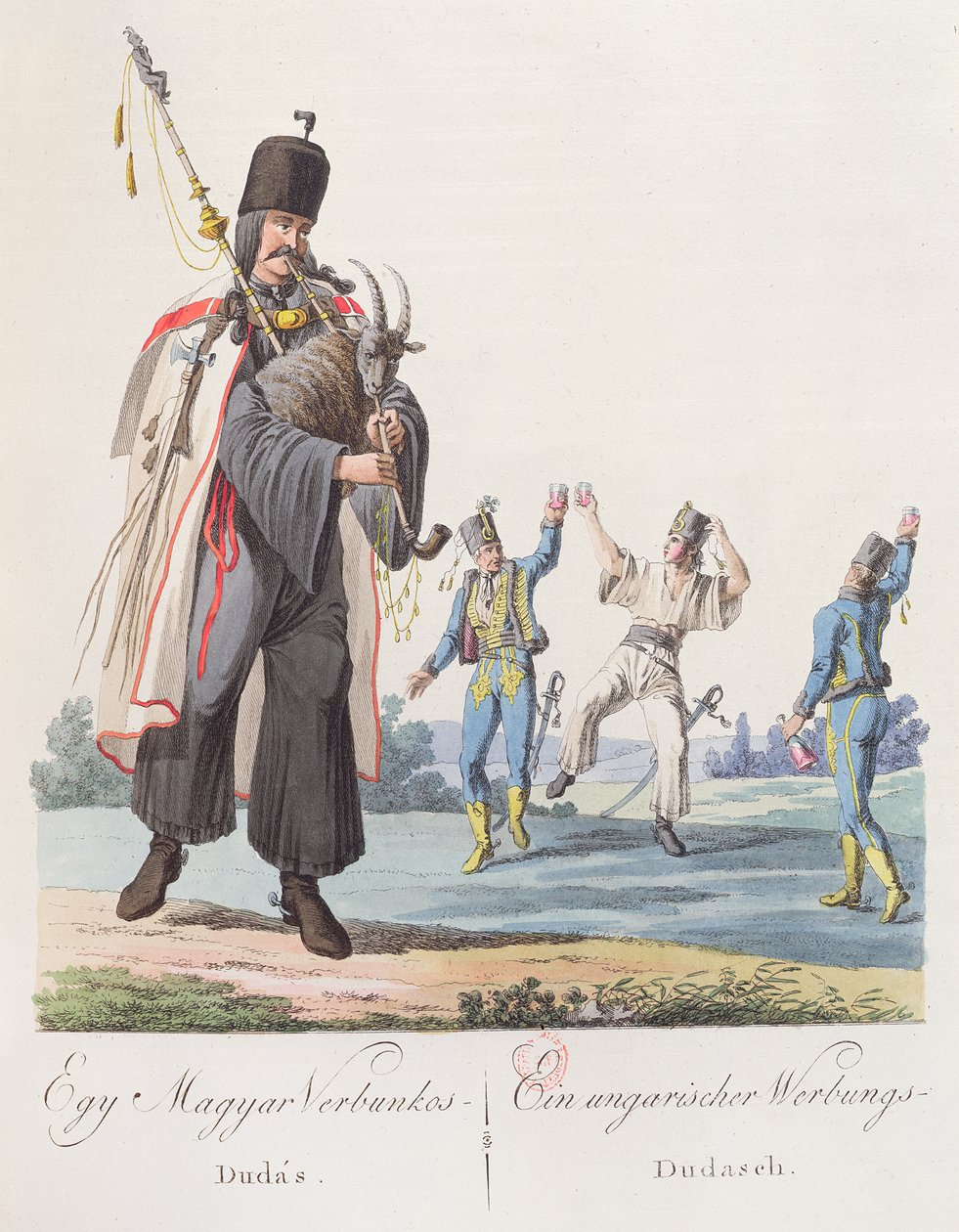 Żołnierze węgierskiego pułku wykonujący taniec rekrutacyjny, ilustracja z książki Costumes de Hongrie, wydanej w Wiedniu, 1810 autorstwa Austrian School