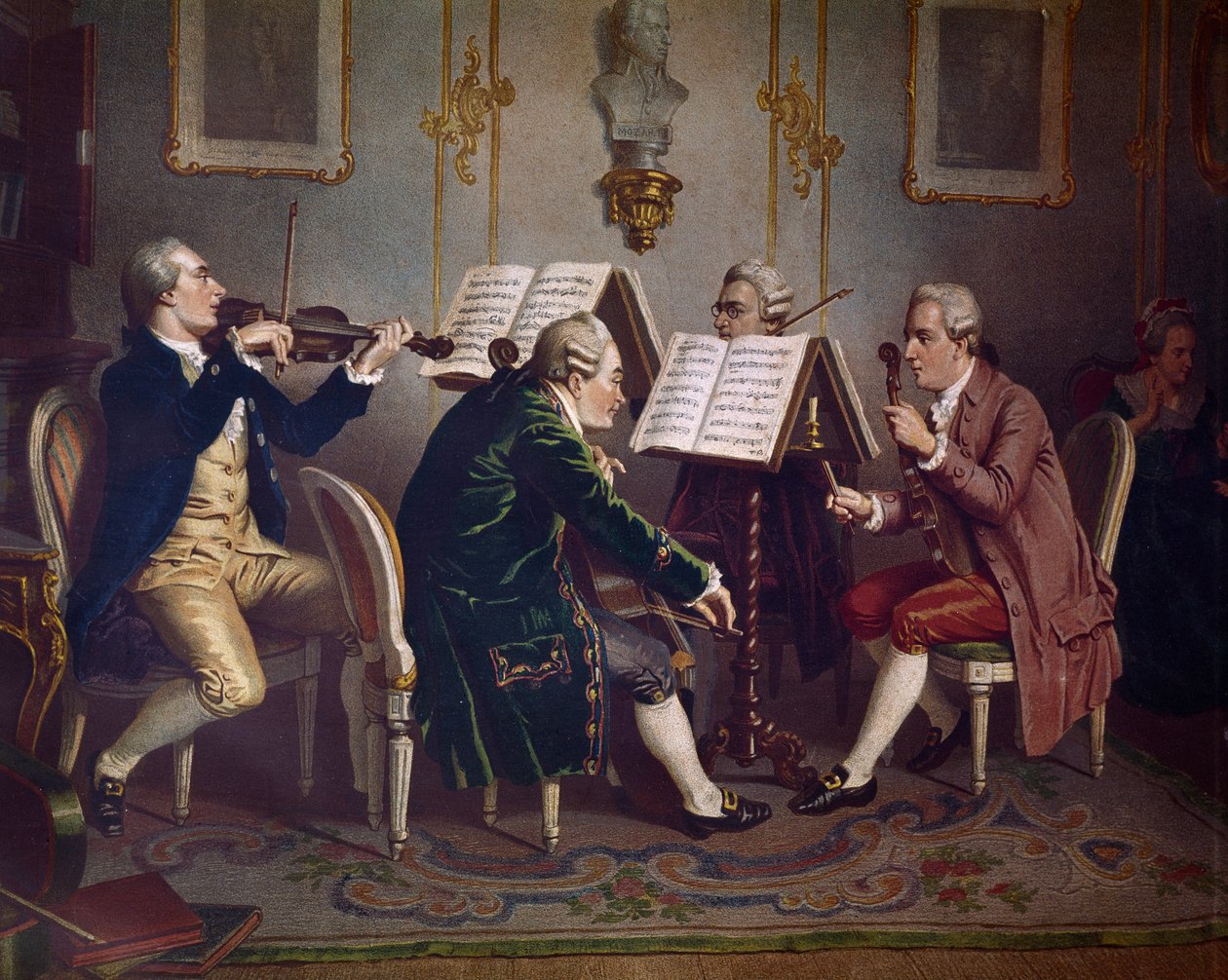 Kwartet smyczkowy wykonujący utwór Mozarta (Muzyka kameralna) (Litografia autorstwa Austrian School