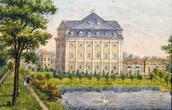 Widok wiejskiego schloss, ok. 1780 (gwasz) autorstwa Austrian School
