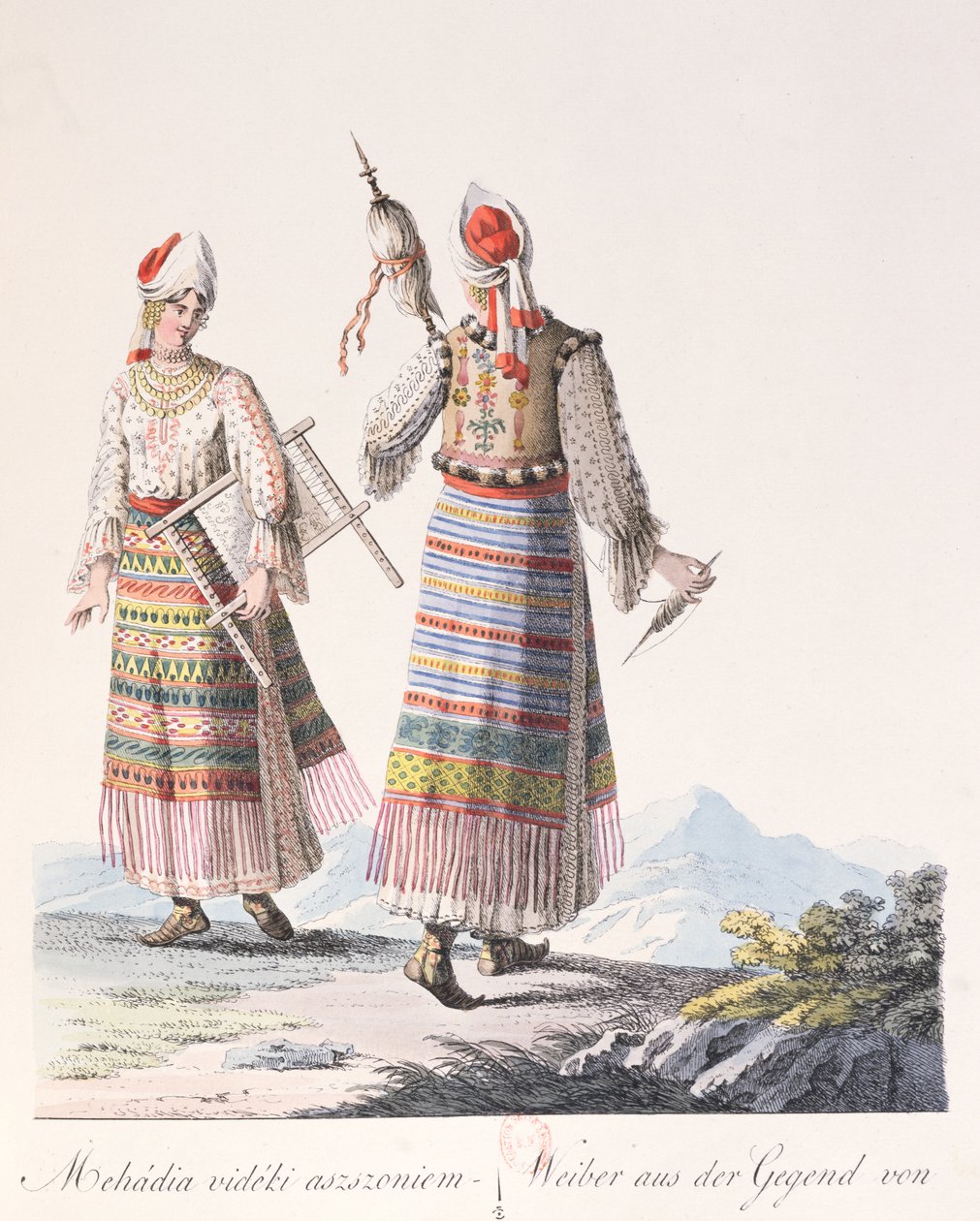 Kobiety w tradycyjnych strojach z regionu Mehadia, ilustracja z książki Costumes de Hongrie autorstwa J.H. de Bikkesy, 1810 (kolor grawerowany) autorstwa Austrian School