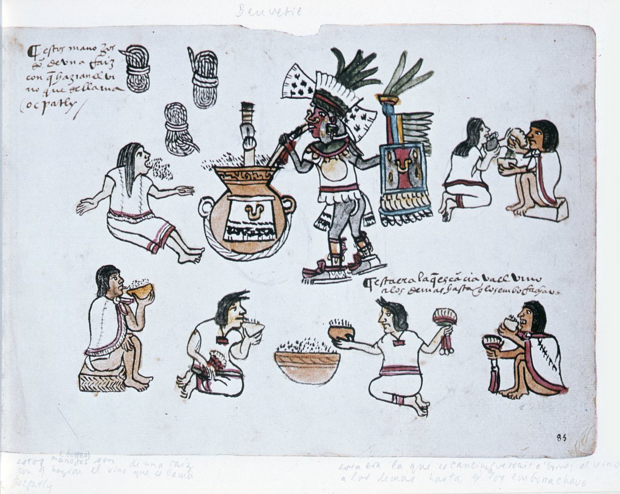Aztec Pulque Bóstwo dmuchające na rurkę nad słoikiem pulque i mężczyźni pijący pulque, ilustracja z Codex Magliabechiano autorstwa Aztec