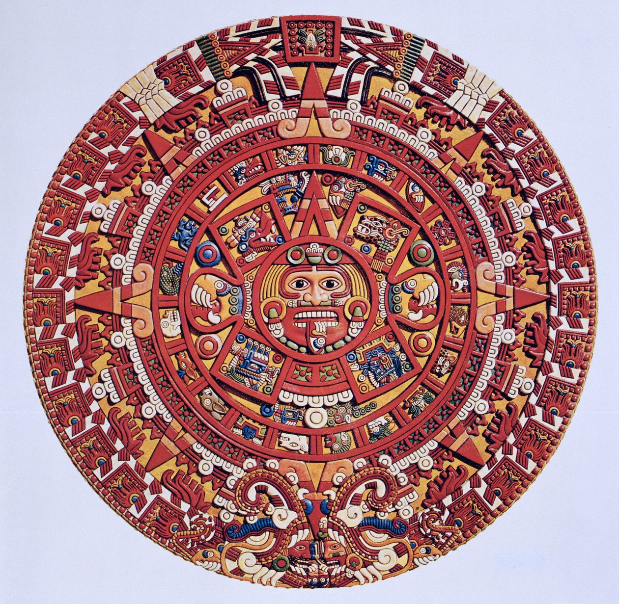 Wyimaginowane odtworzenie azteckiego kalendarza z kamieniem słonecznym (patrz także 115255), późny okres postklasyczny (litografia) autorstwa Aztec