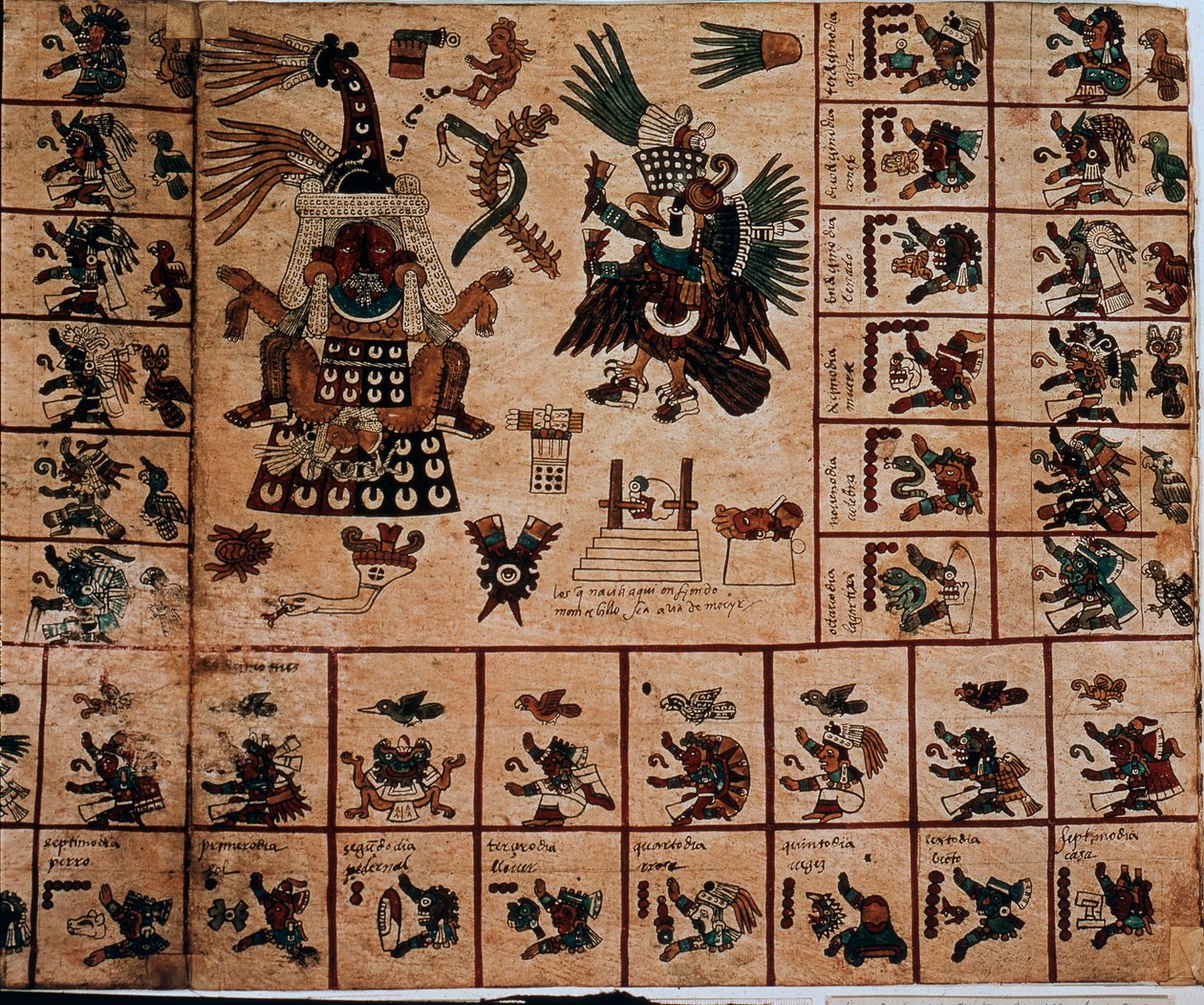 Reprezentacja bóstw Azteków i pudełka odpowiadające kalendarzowi. Strona z azteckiego rękopisu o korze „Codex Borbonicus”, prekolumbijski kodeks rdzennych mieszkańców środkowego Meksyku, koniec XV wieku. Biblioteka Zgromadzenia Narodowego (Palais Bourbon). autorstwa Aztec