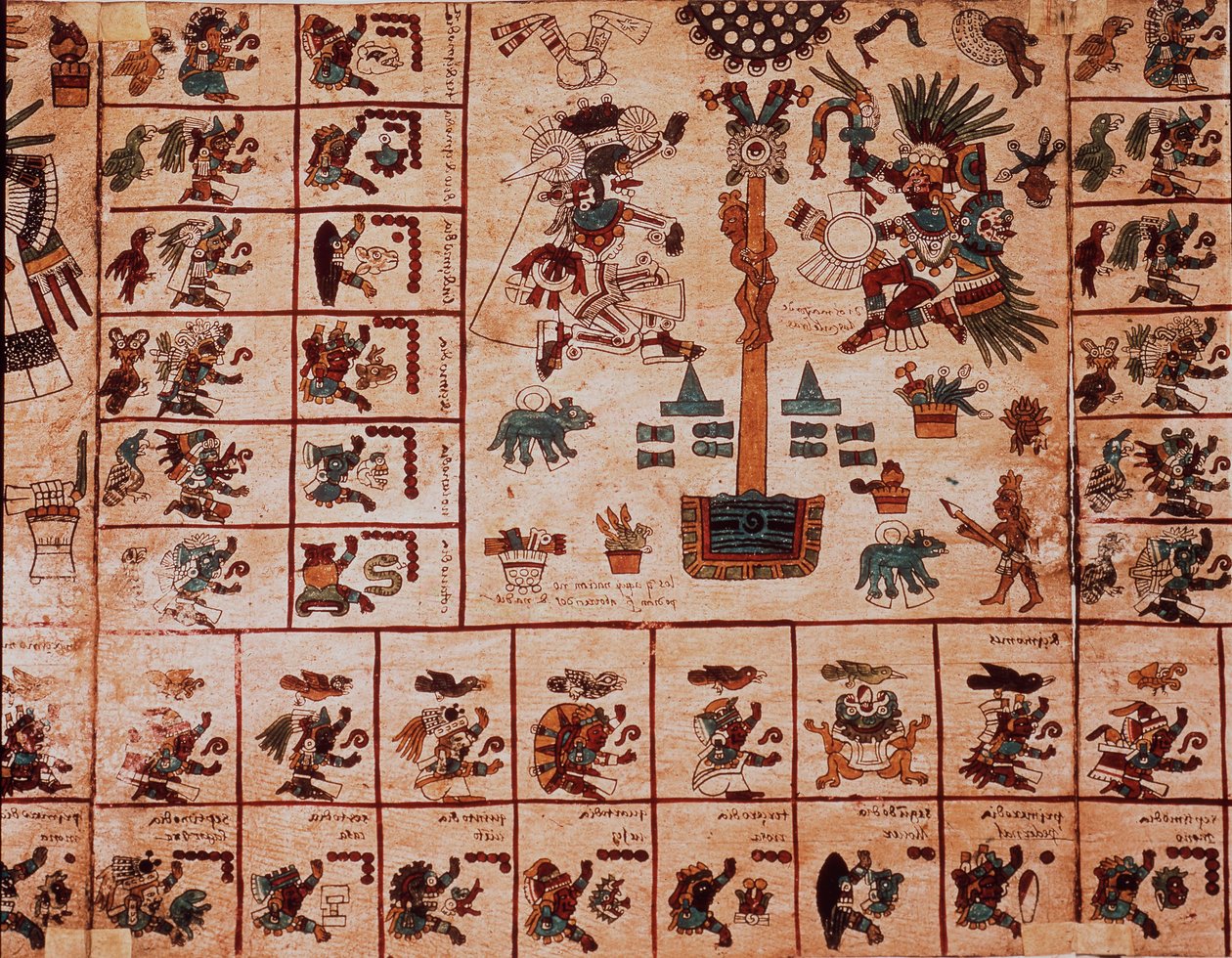 Reprezentacja bóstw Azteków i pudełka odpowiadające kalendarzowi. Strona z azteckiego rękopisu o korze „Codex Borbonicus””, przedkolumbijski kodeks rdzennych mieszkańców środkowego Meksyku, koniec XV wieku. Biblioteka Zgromadzenia Narodowego (Palais Bourbo autorstwa Aztec