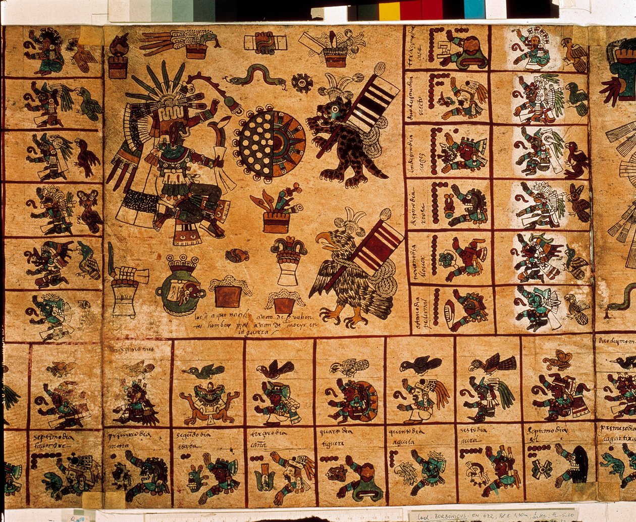 Przedstawienie azteckich bóstw i pól odpowiadających kalendarzowi. Strona azteckiego manuskryptu na korze "Codex Borbonicus", prekolumbijski kodeks tubylczy z centralnego Meksyku, koniec XV wieku. Biblioteka Zgromadzenia Narodowego (Palais Bourbon). autorstwa Aztec