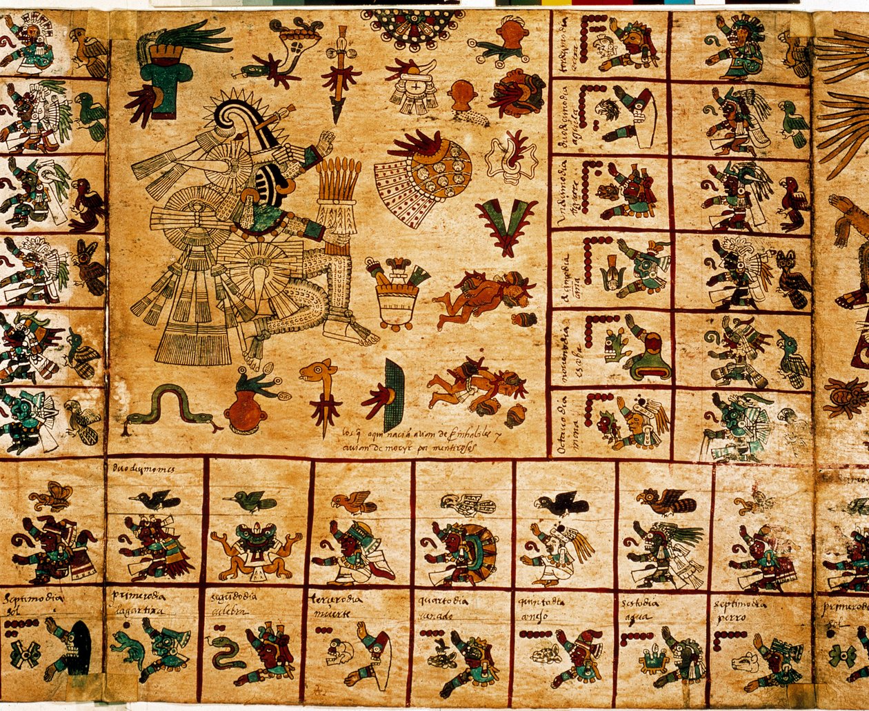 Reprezentacja bóstw Azteków i pudełka odpowiadające kalendarzowi. Strona z azteckiego rękopisu o korze „Codex Borbonicus””, przedkolumbijski kodeks rdzennych mieszkańców środkowego Meksyku, koniec XV wieku. Biblioteka Zgromadzenia Narodowego (Palais Bourbo autorstwa Aztec