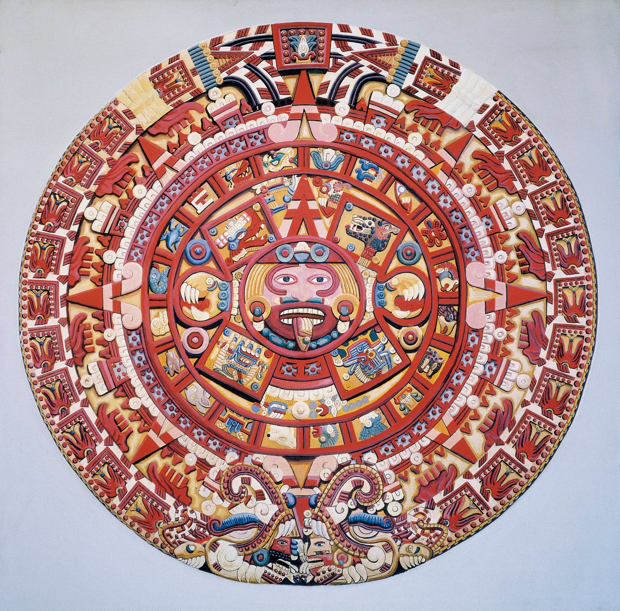 Cywilizacja prekolumbijska: kalendarz aztecki (Kamień Słońca): dysk reprezentujący kalendarz aztecki i kosmogonię (Tonalpohualli) autorstwa Aztec Aztec