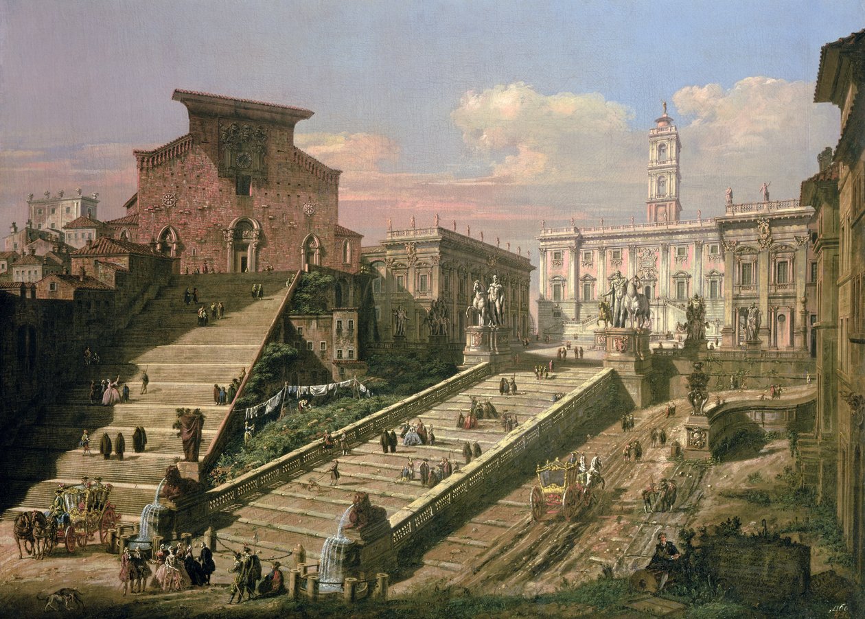 Piazza del Campidoglio i kościół S. Mario dAracoeli, Rzym autorstwa B. and Bellotto, L. Bellotto