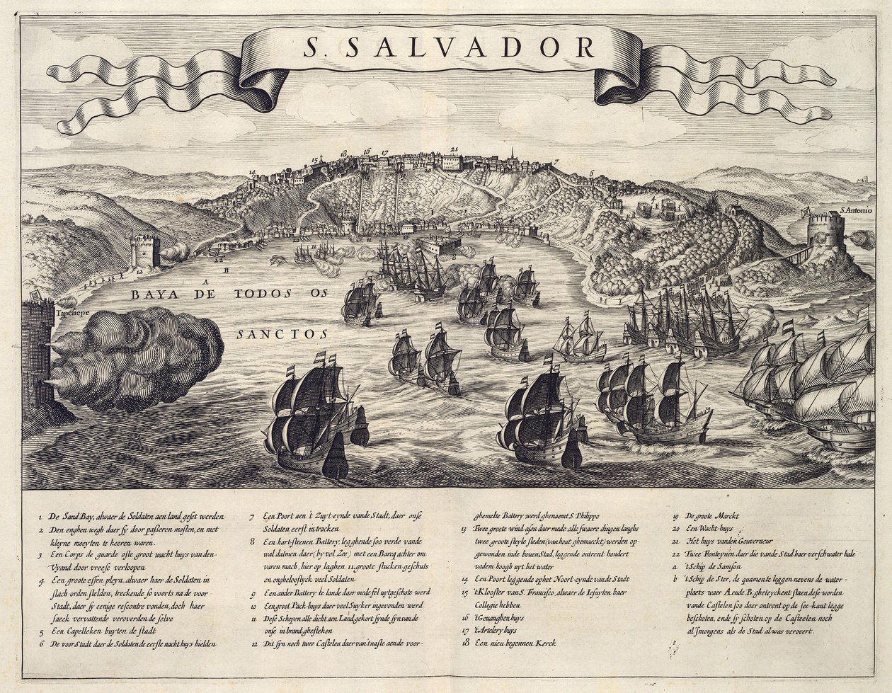 Widok bitwy o miasto San Salvador w Zatoce Wszystkich Świętych pomiędzy Holendrami i Portugalczykami w 1624 r. autorstwa B. Elsevier