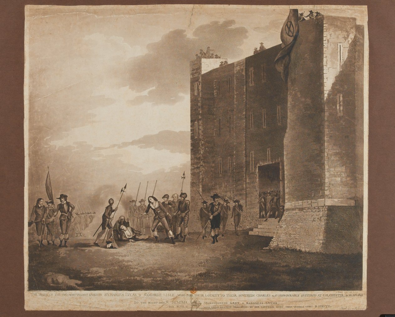 Zgony Sir Charlesa Lucusa (ok. 1612-1648), Sir George Lisle (zm. 1648), 28 sierpnia 1648, rycina F. Jukes, opublikowana w 1748 (kolorowa akwatinta) autorstwa B. Strutt