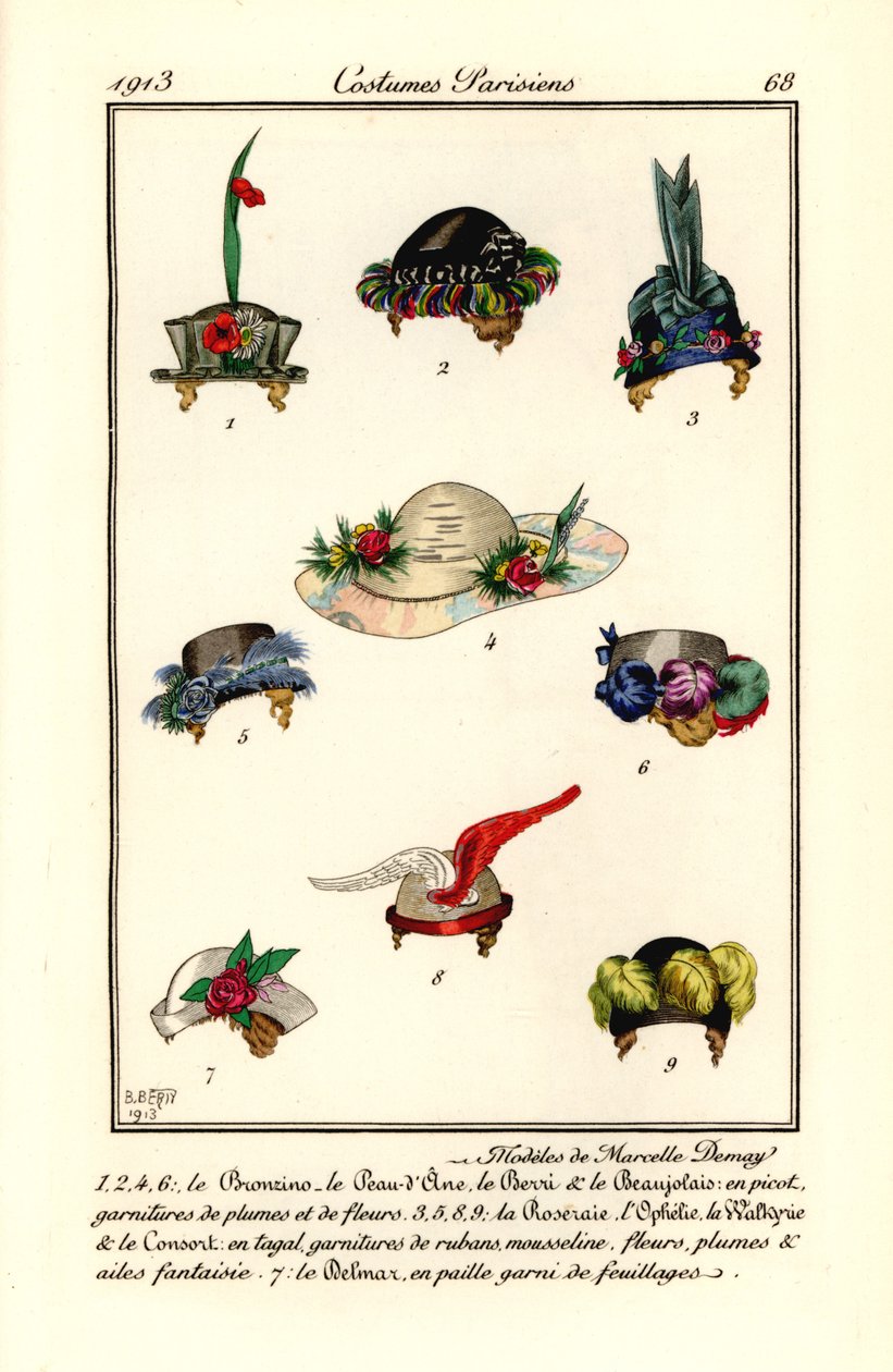 Projekty kapeluszy damskich autorstwa modystki Marcelle Demay. Modele Marcelle Demay. Ręcznie kolorowana akwaforta (szablon) według ilustracji B. Berty z Journal des Dames et des Modes Tommaso Antongini, Aux Bureaux du Journal des Dames, Paryż autorstwa B Berty