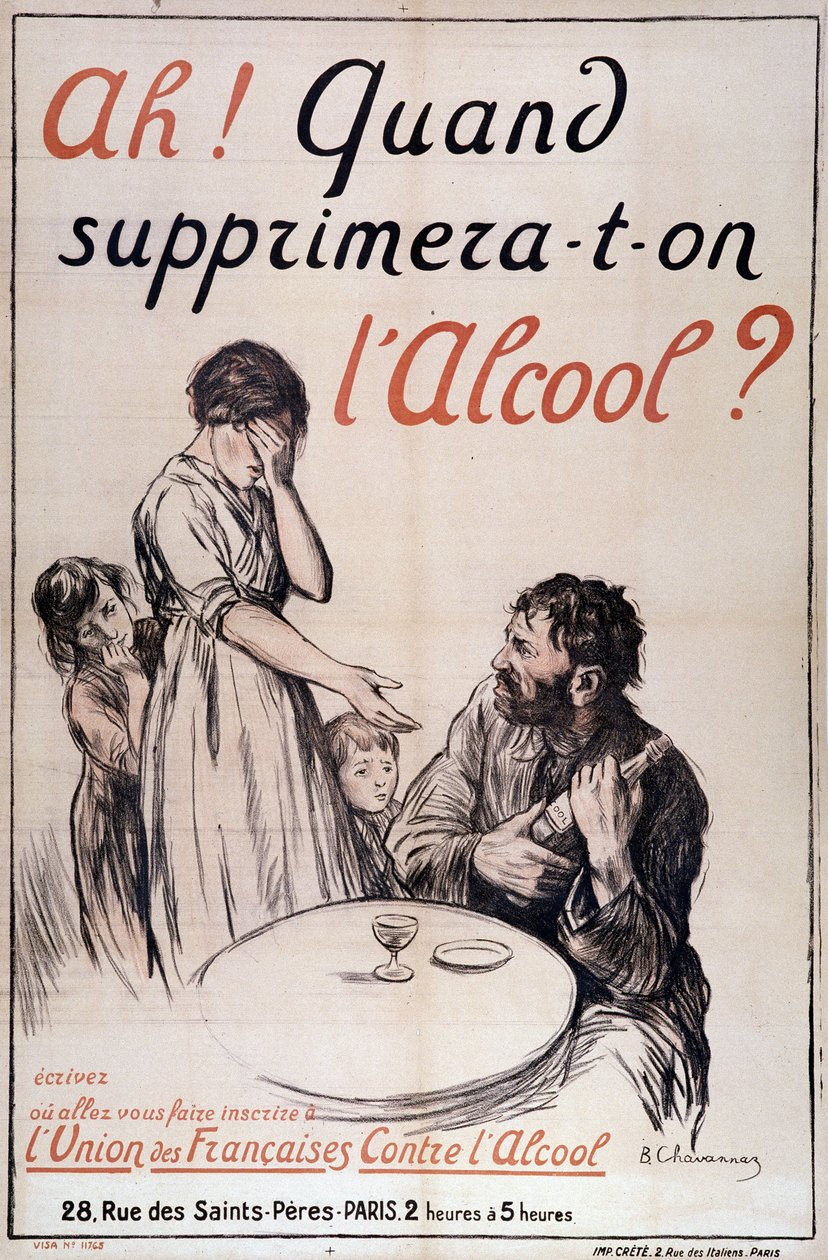 Alkoholizm: „Kiedy alkohol zostanie usunięty?” c. 1910 (litografia) autorstwa B. Chavannaz