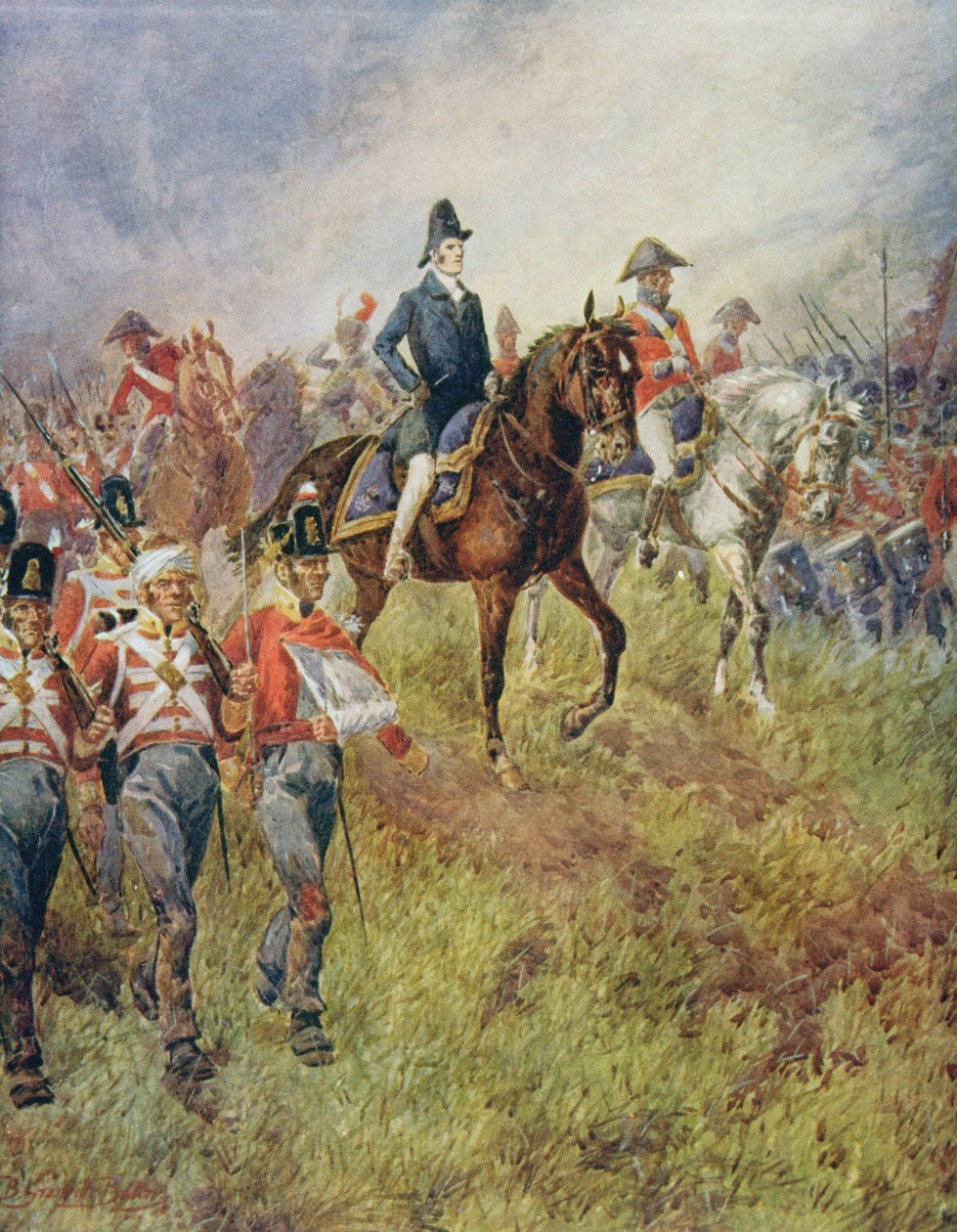 „Cała linia posuwa się naprzód”, Wellington w bitwie pod Waterloo w 1815 r., z „Brytyjskich bitew na lądzie i morzu” pod redakcją Sir Evelyna Wooda (1838-1919) 1915 autorstwa B. Granville Baker