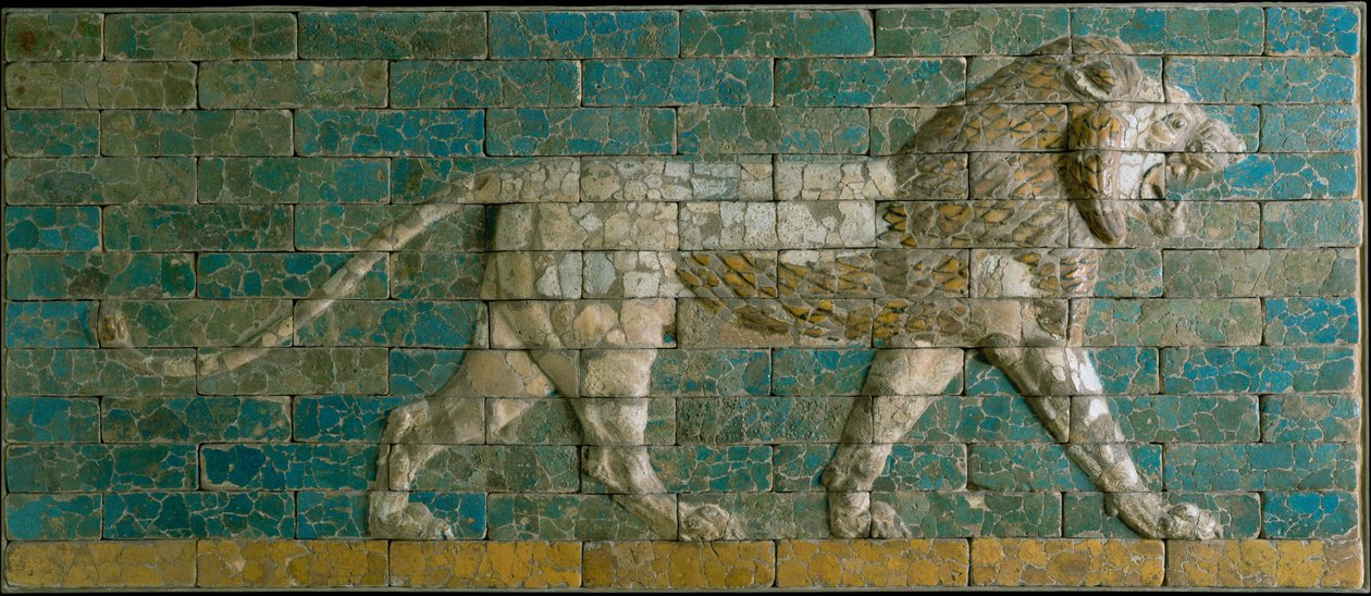 Panel z kroczącym lwem, ok.600-575 pne (ceramika szkliwiona) autorstwa Babylonian
