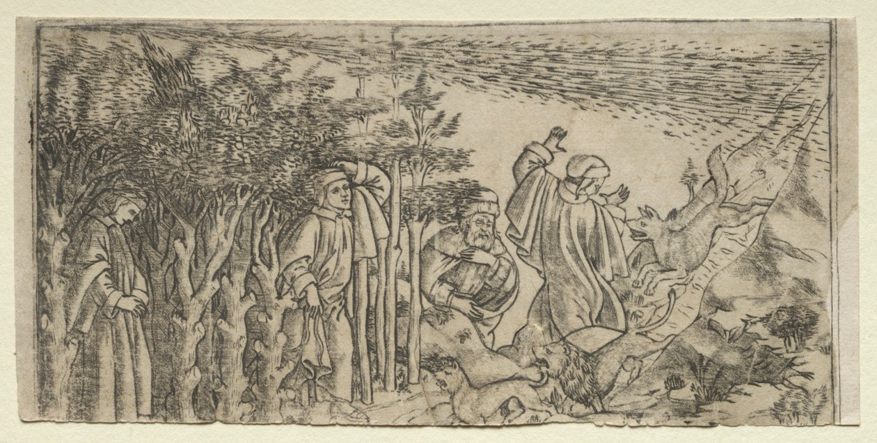 Dante zagubiony w lesie: ucieczka i spotkanie z Wergiliuszem, Canto I, 1481. autorstwa Baccio Baldini
