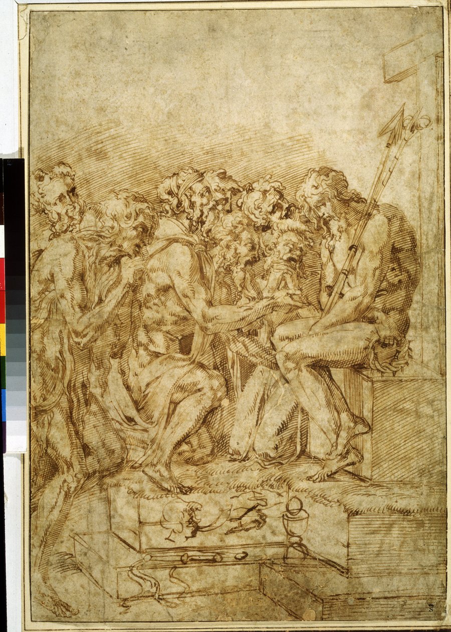 „Chrystus z symbolami męki otoczony siedmioma postaciami” (Chrystus z symbolami męki, któremu towarzyszy siedem postaci) Rysunek brązowym atramentem, Baccio Bandinelli (1493-1560) Muzeum Puszkina w XVI wieku Moskwa autorstwa Baccio Bandinelli