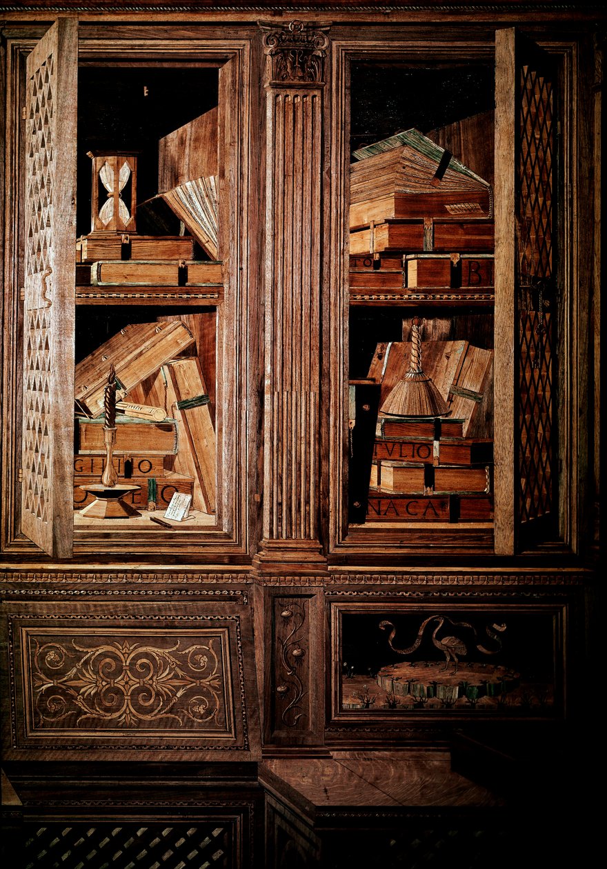 Studiolo księcia Fryderyka III Montefeltre, księcia Urbino (Urbino), po włosku Federico III da Montefeltro (1422-1482). Detal, drewniana mozaika legno, plecionki wykonane przez Baccio Pontelli (1450-92) według rysunków Mariano dei Filipepi dit Sandro autorstwa Baccio Pontelli