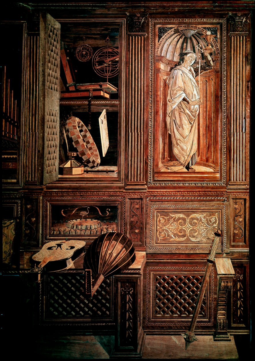 Studiolo księcia Fryderyka III Montefeltre, księcia Urbino (Urbino), po włosku Federico III da Montefeltro (1422-1482). Szczegółowo z przedstawieniem mazzocchio. Mozaika drewniana legno, plecionki wykonane przez Baccio Pontelli (1450-92) wg rysunków autorstwa Baccio Pontelli