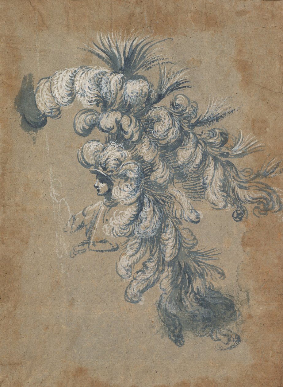 Projekt wystawnego nakrycia głowy z piórami, ca. 1620-56 . autorstwa Baccio del Bianco