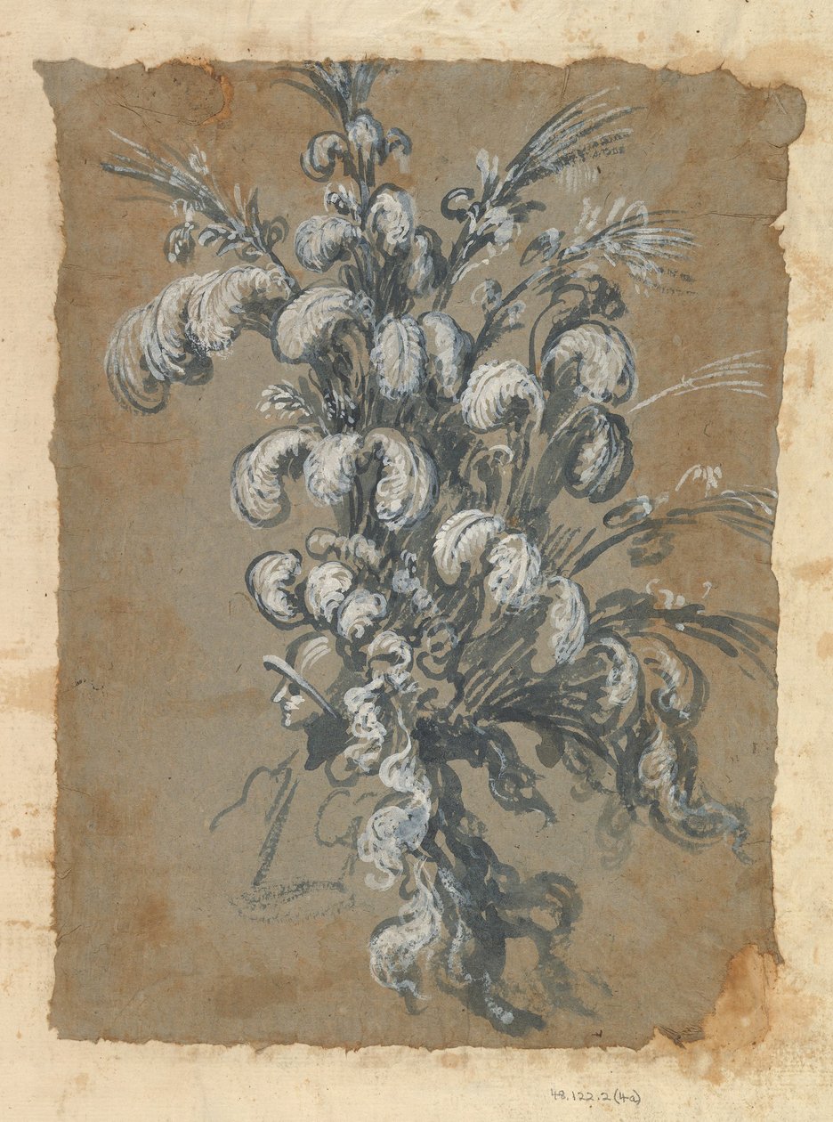 Projekt wystawnego nakrycia głowy z piórami na hełmie, ca. 1620-56 . autorstwa Baccio del Bianco