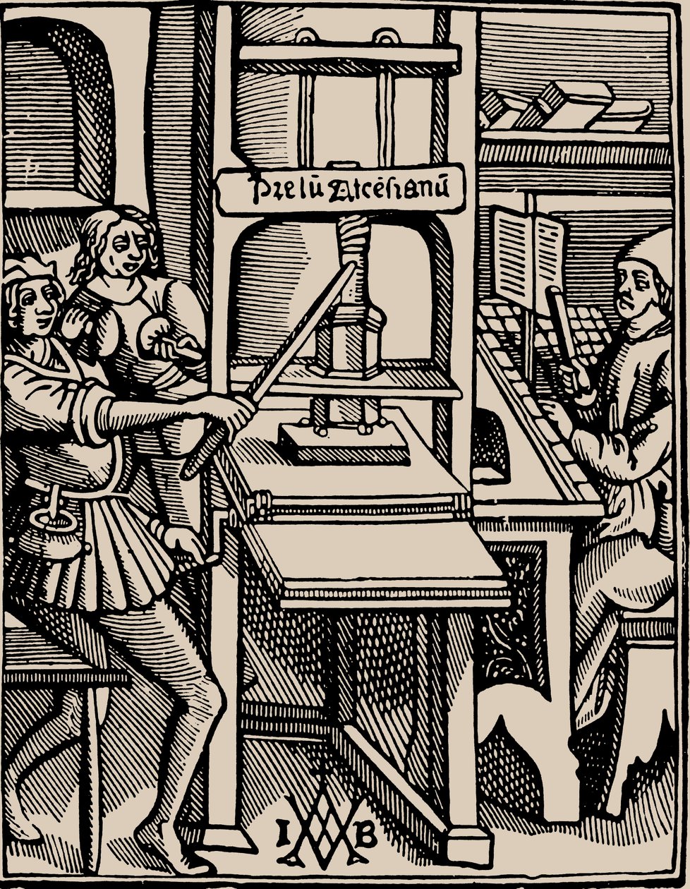 Prelum Ascensianum: urządzenie drukarskie z prasą drukarską w pracy, 1508 r. autorstwa Badius